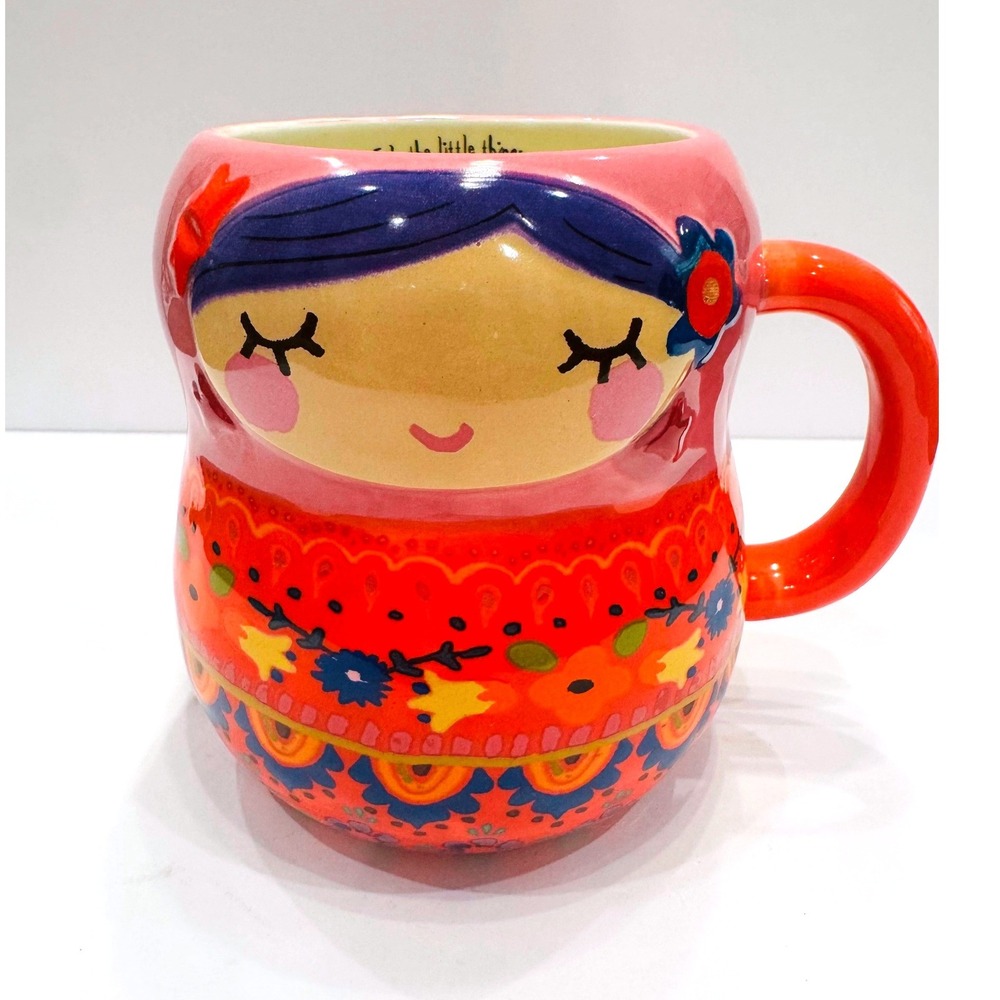 Natural Life Mug Matryoshka Doll Pink Orange Floral Ceramic Boho Folk Art Cute‎